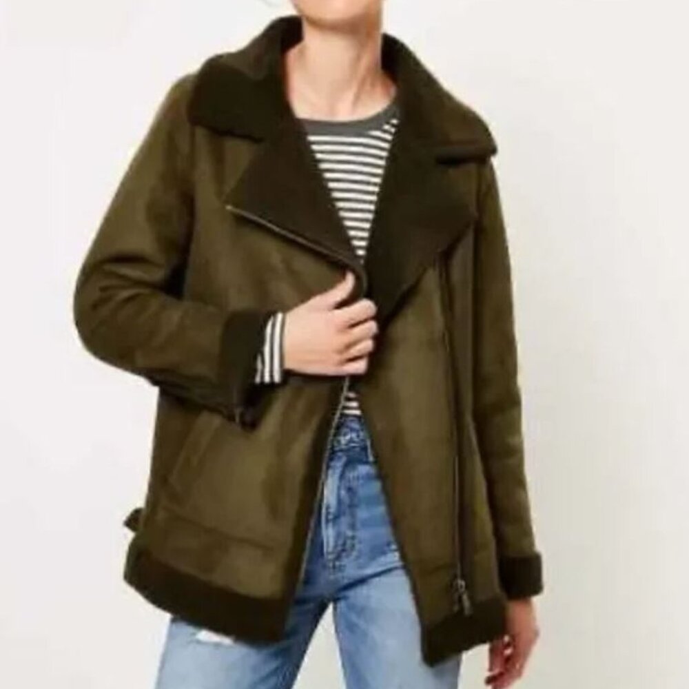 NWOT LOFT Green Olive Faux Suede Aviator Jacket Size M